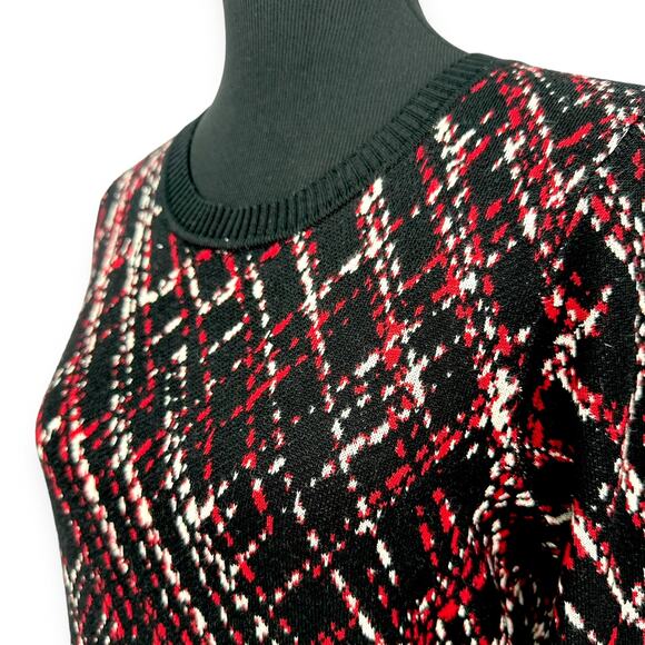 Neiman Marcus | NWT | Large | Black/Red Abstract Argyle 3/4 Sleeve Sweater Dress - Picture 5 of 9